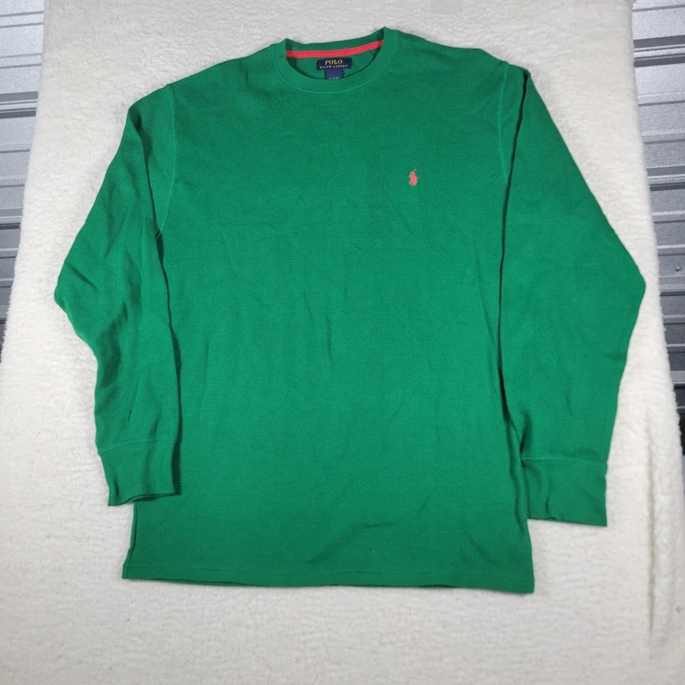 Polo Ralph Lauren Thermal Shirt Mens XL Green Long Sleeve Waffle Knit Pony Logo